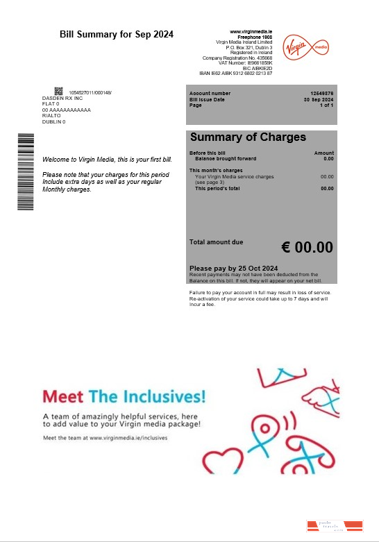 Ireland Virgin Media business utility bill template in Word and PDF formats, version 2